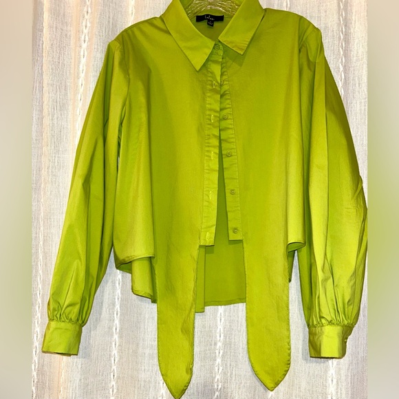 Lulus, Sunny Ties Lime Green Tie-Front Long Sleeve Button-Up Top. Sz. L - Picture 14 of 15